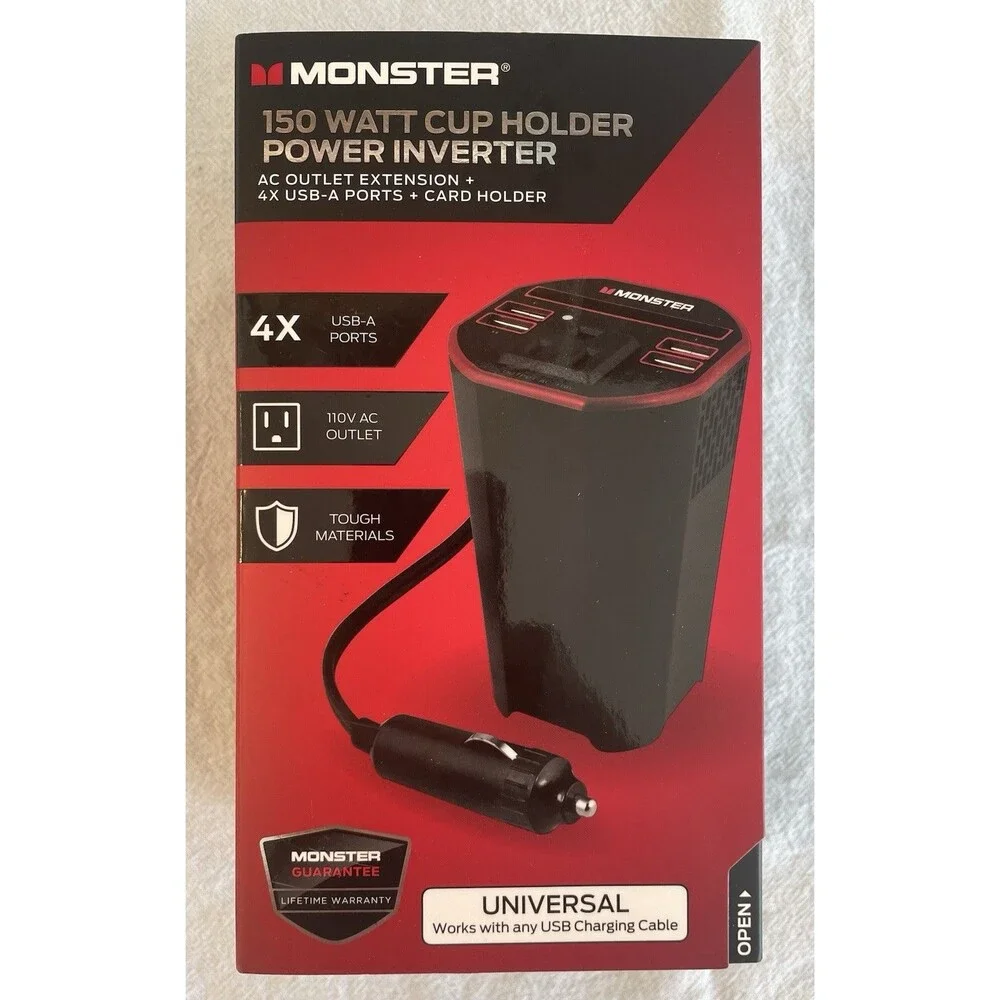 Monster 150 Watt Cup Holder Power Inverter - USB-A & 110V AC Outlet
